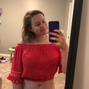 Coral off the shoulder crop top